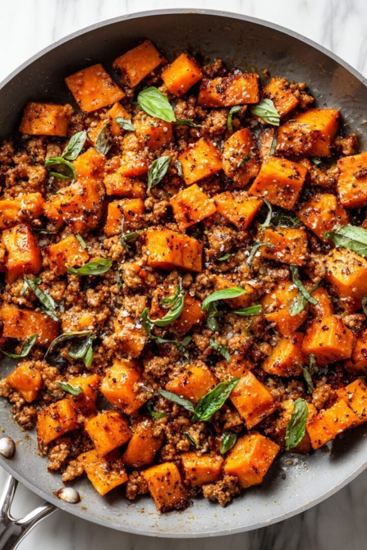 Ground turkey and sweet potato skillet with golden caramelized sweet potato chunks and seasoned turkey crumbles. Healthy one pan dinner with fresh basil scattered throughout, photographed from above in ceramic skillet.