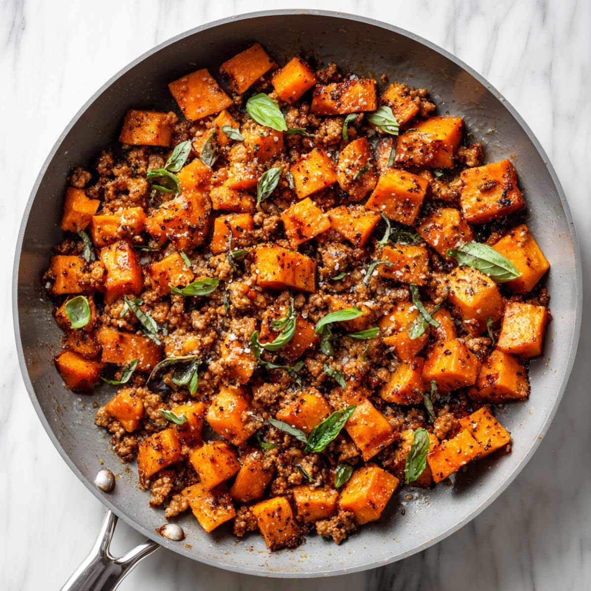 Ground turkey and sweet potato skillet with golden caramelized sweet potato chunks and seasoned turkey crumbles. Healthy one pan dinner with fresh basil scattered throughout, photographed from above in ceramic skillet.
