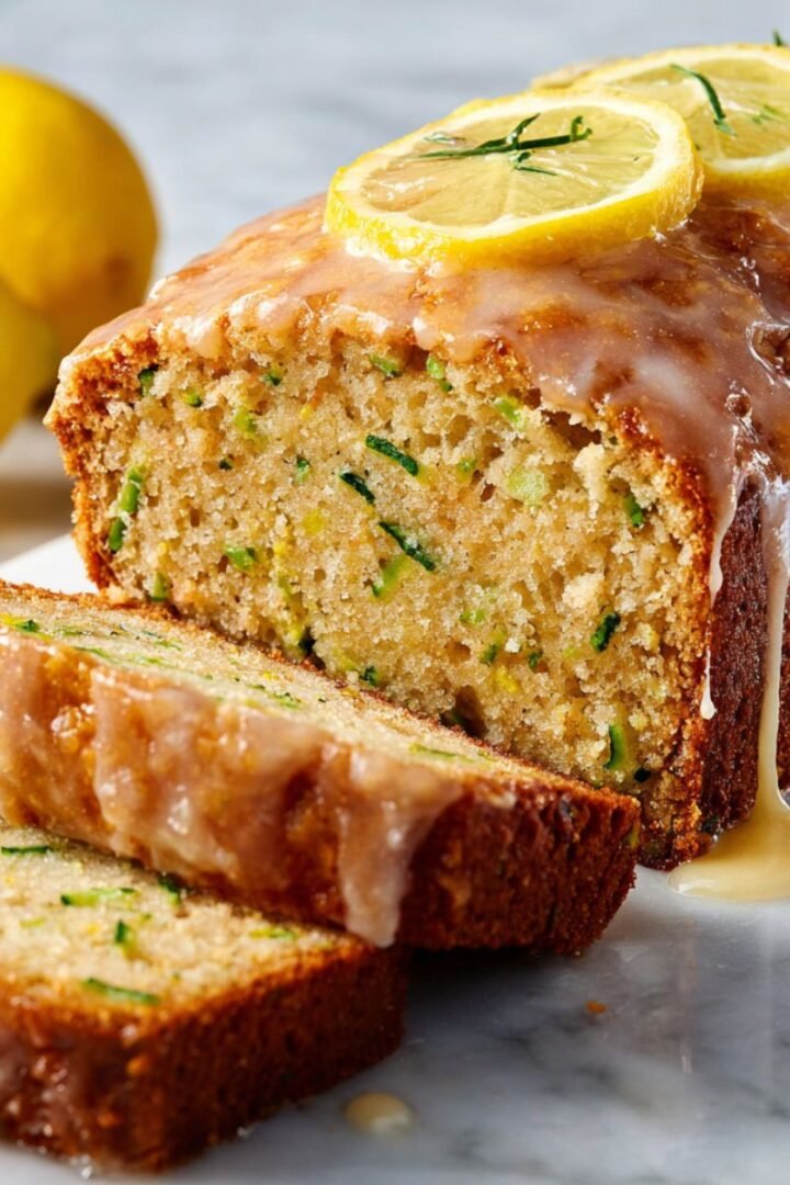 Sliced lemon zucchini bread with glossy lemon glaze dripping down sides. Moist golden loaf with visible green zucchini specks and fresh lemon garnish on white marble counter.