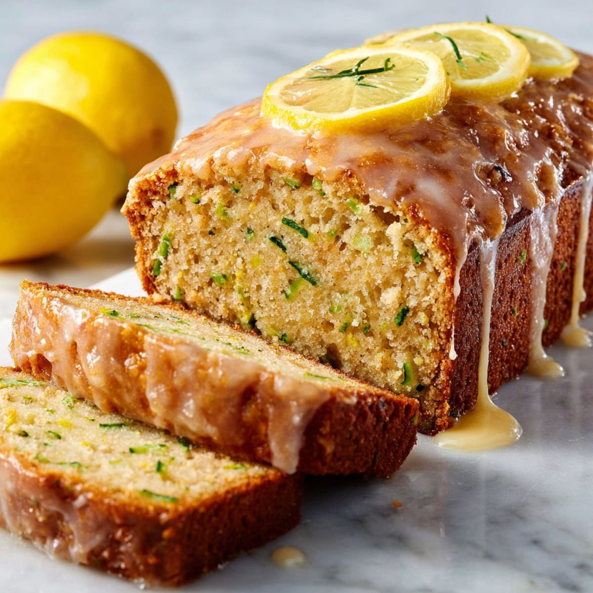 Sliced lemon zucchini bread with glossy lemon glaze dripping down sides. Moist golden loaf with visible green zucchini specks and fresh lemon garnish on white marble counter.