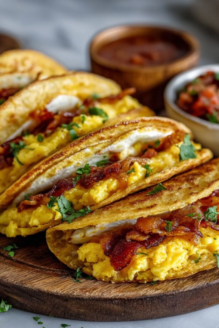 Golden pancake tacos filled with scrambled eggs and crispy bacon on wooden plate. Creative 30 minute breakfast recipe with fluffy pancake shells and savory filling.
