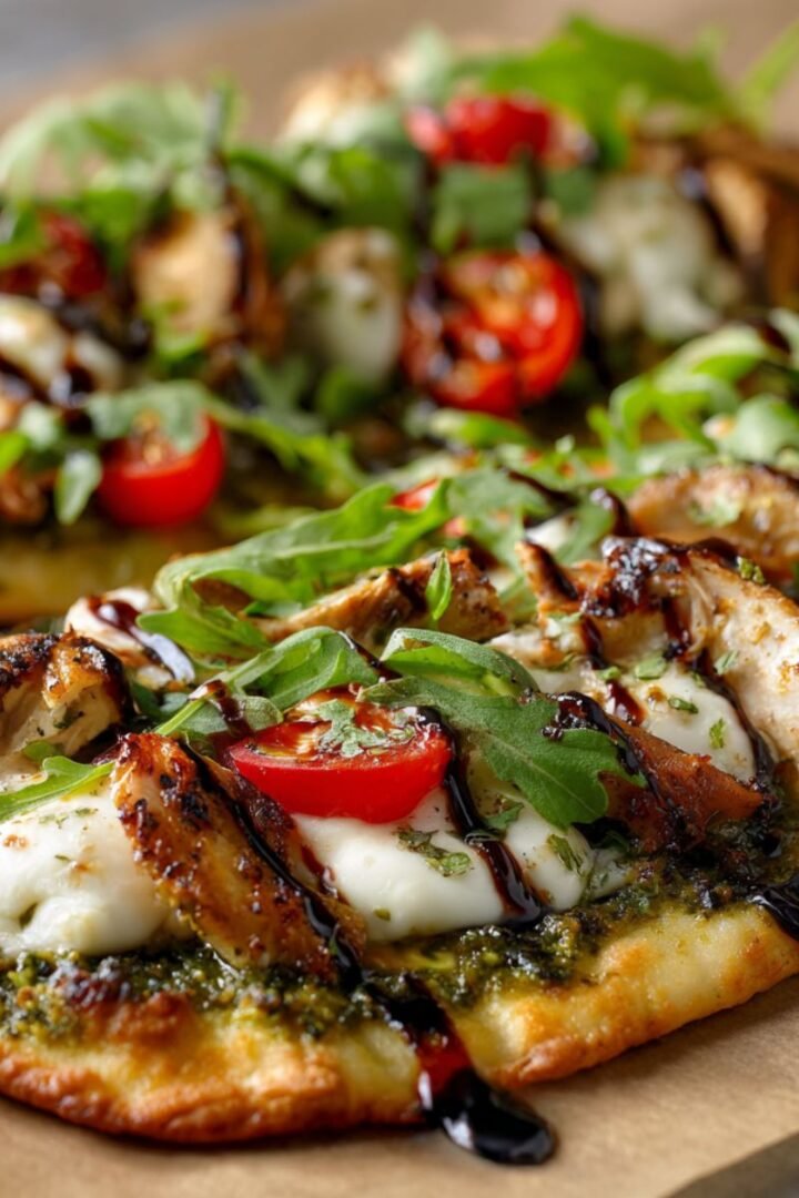 Pesto chicken flatbread with melted mozzarella, grilled chicken and fresh arugula on golden naan. Easy 20 minute restaurant-quality dinner recipe with basil pesto and balsamic glaze.