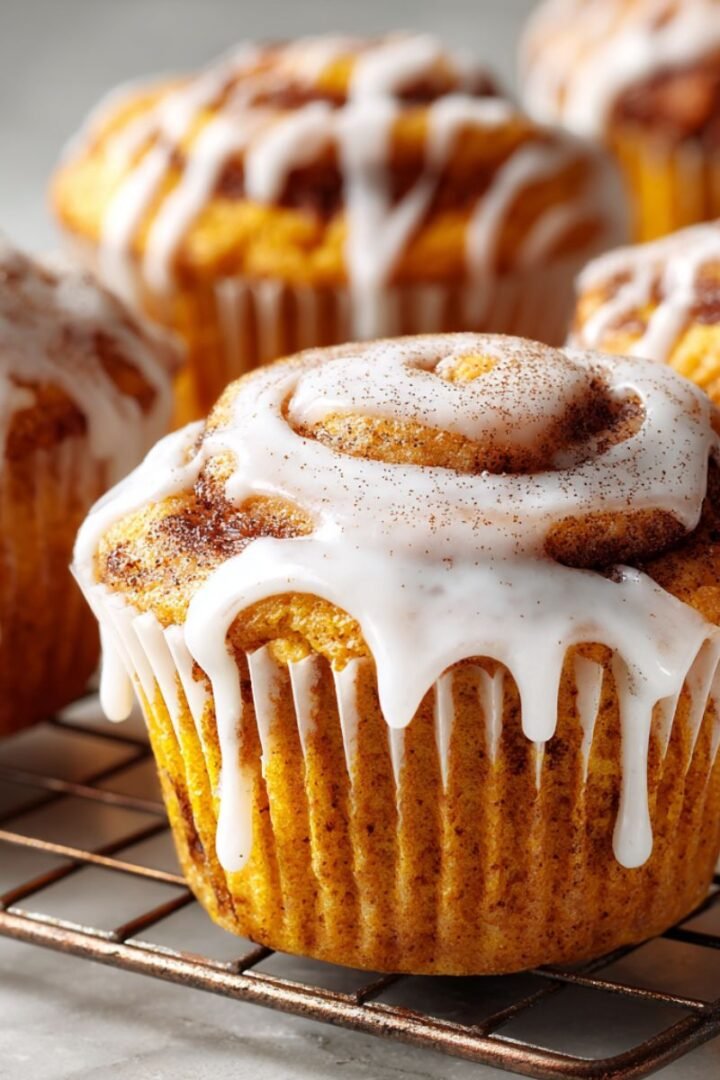 Pumpkin cinnamon roll muffins with cream cheese glaze showing beautiful cinnamon swirl patterns. Easy 30 minute fall baking recipe with soft pumpkin muffins and cinnamon sugar swirl.