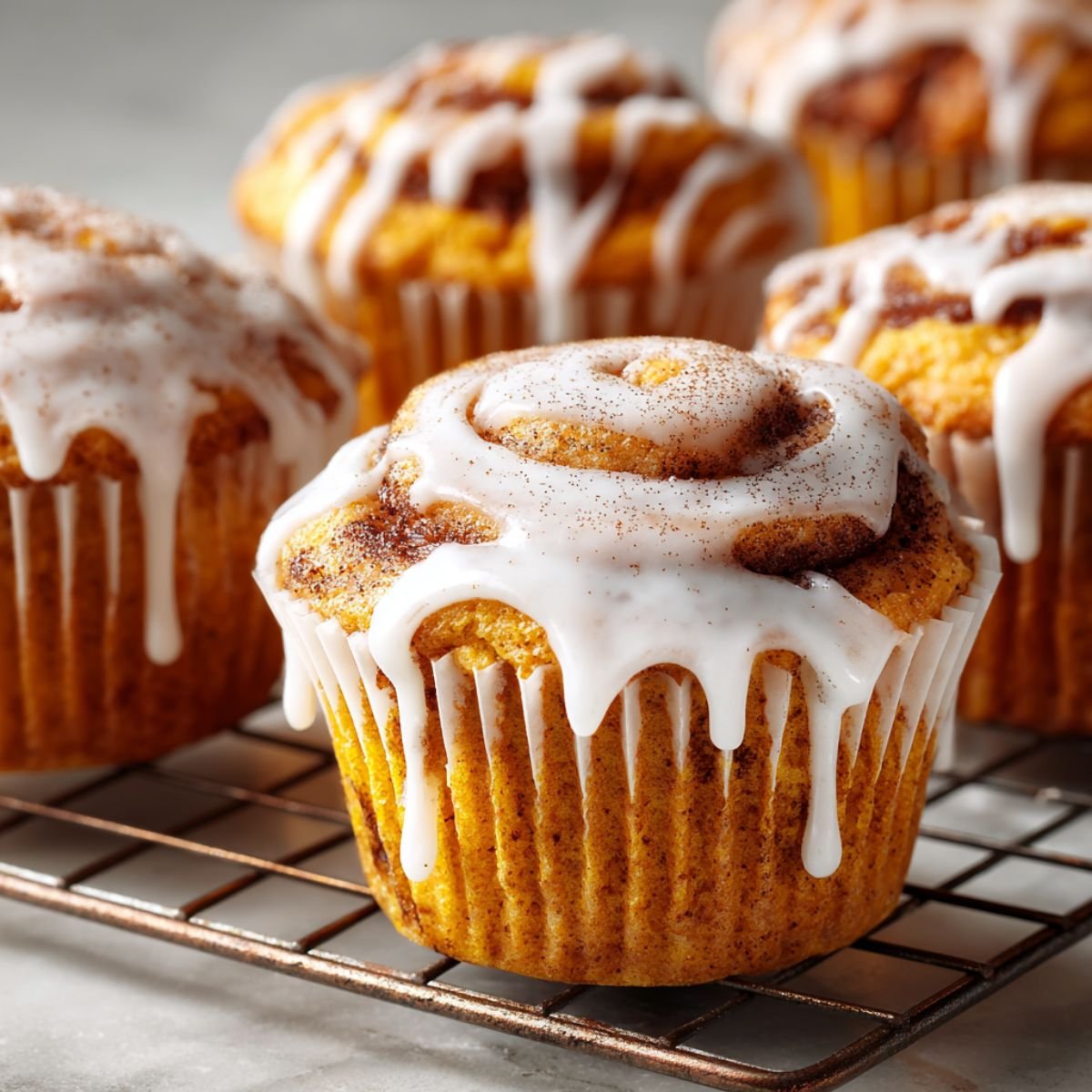Pumpkin cinnamon roll muffins with cream cheese glaze showing beautiful cinnamon swirl patterns. Easy 30 minute fall baking recipe with soft pumpkin muffins and cinnamon sugar swirl.