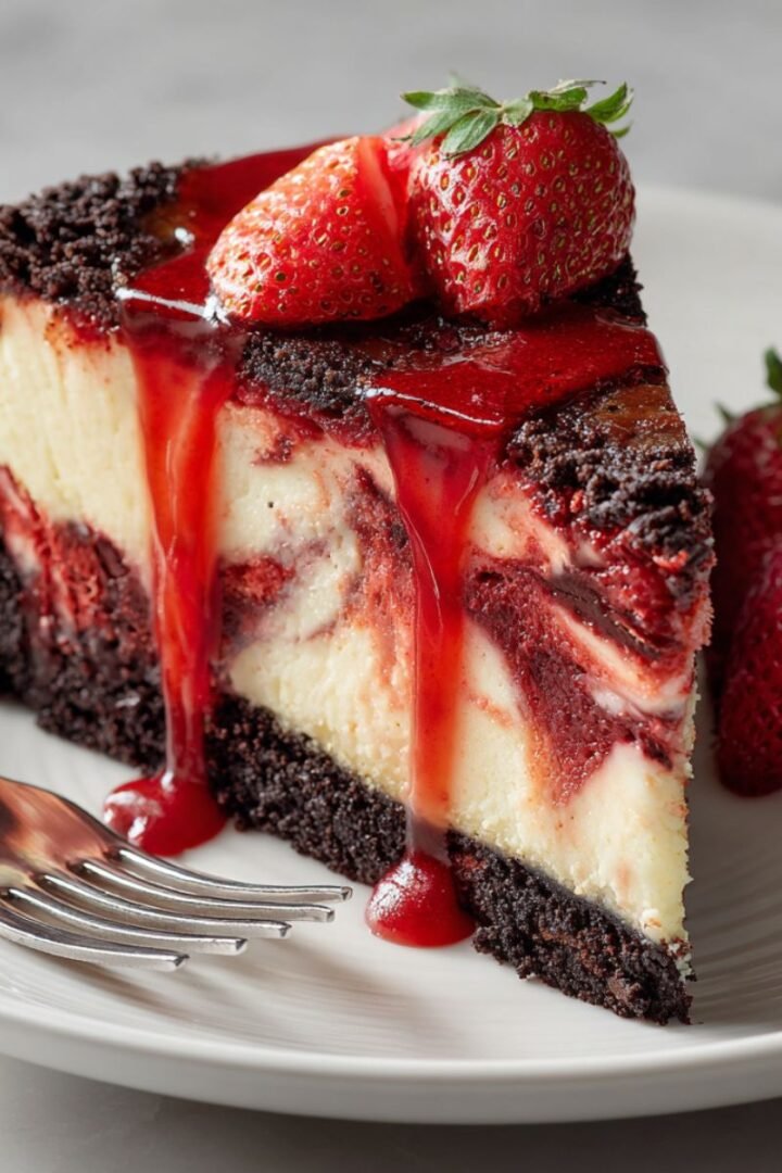 Red velvet strawberry cheesecake slice showing dramatic red and white marbled layers with fresh strawberry topping.