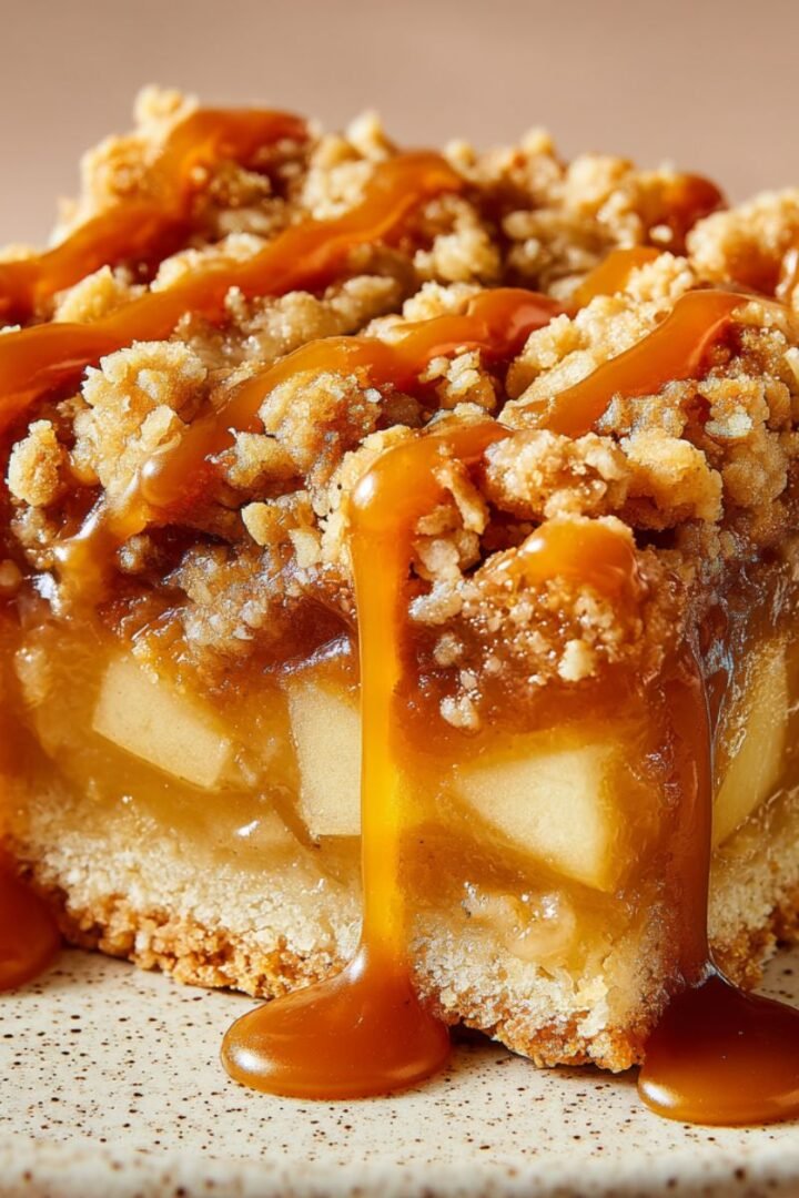 Salted caramel apple pie bars with golden layers and caramel drizzle on speckled plate. Easy 45 minute fall dessert recipe with buttery crust, spiced apples and homemade salted caramel.