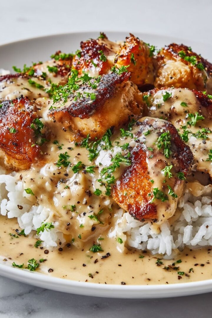 Smothered chicken and rice plated with creamy gravy and fresh parsley garnish on white plate
