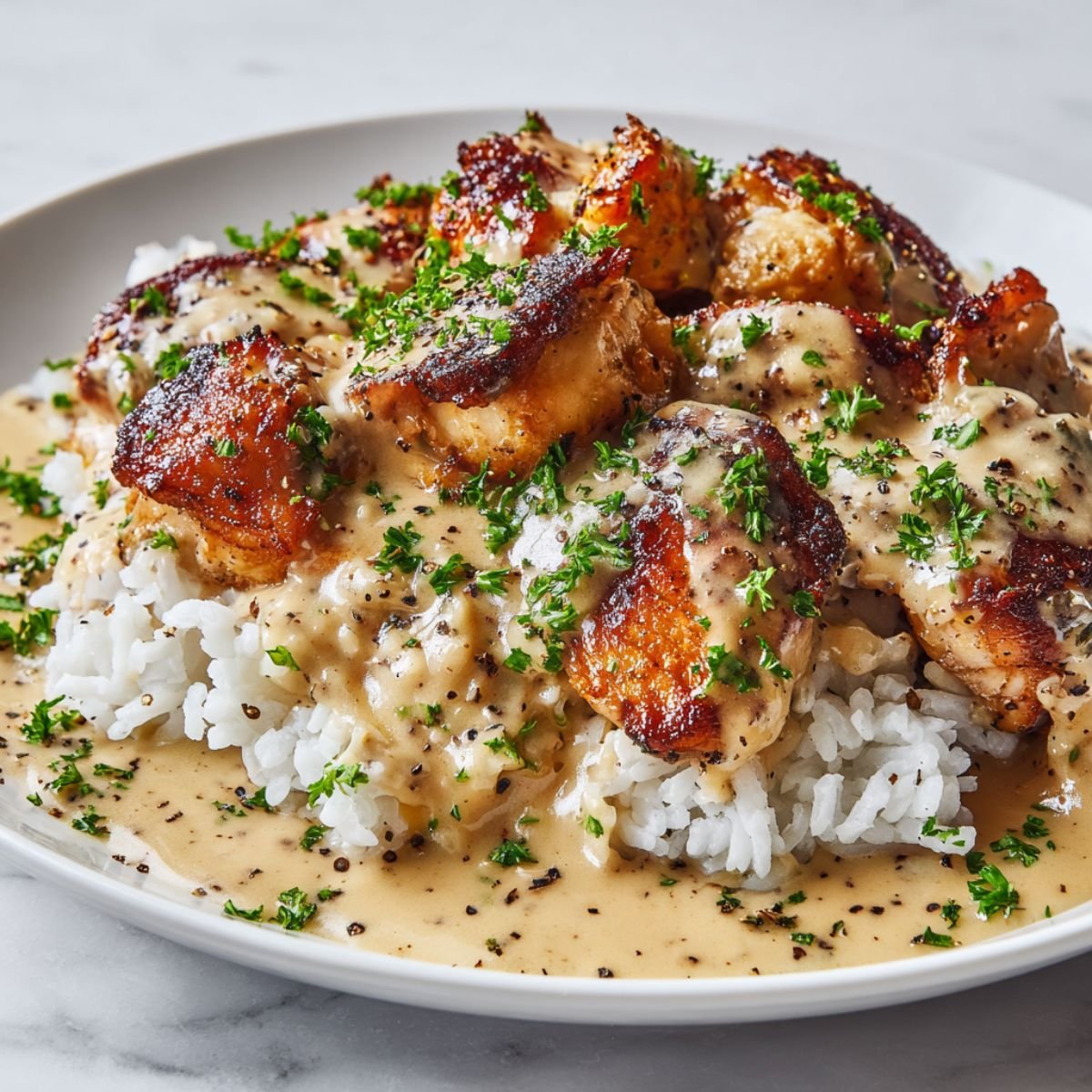 Smothered chicken and rice plated with creamy gravy and fresh parsley garnish on white plate