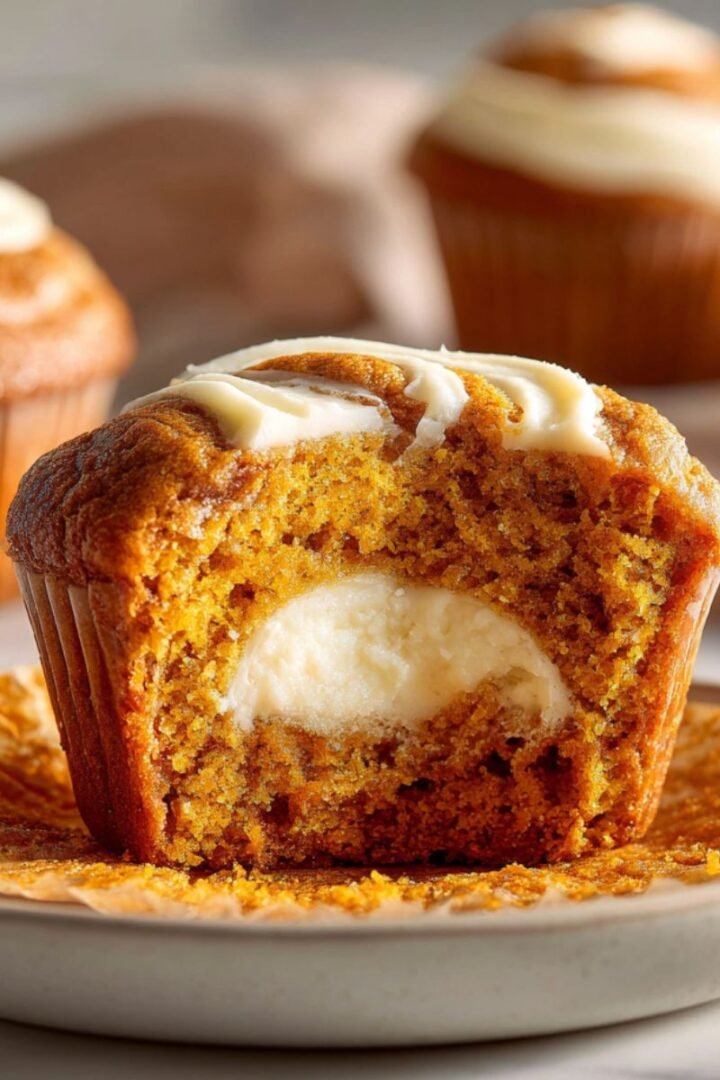 Starbucks pumpkin cream cheese muffins with rich orange pumpkin cake and thick white cream cheese filling. Bakery style muffins with cream cheese swirl topping on ceramic plate.