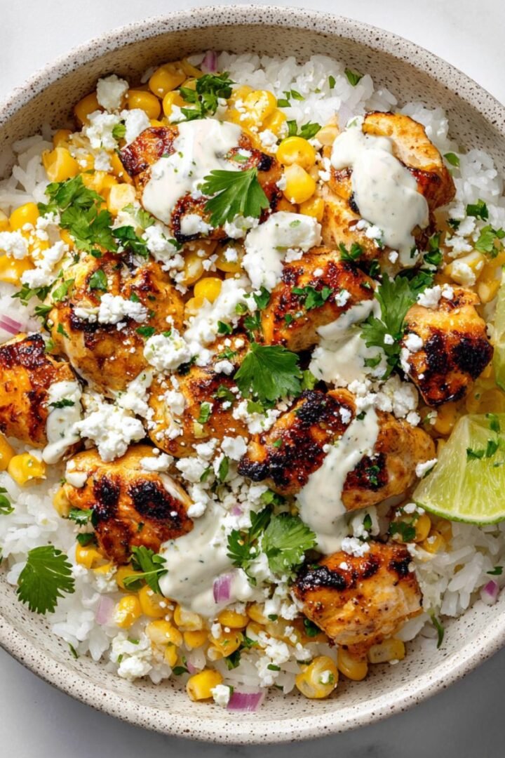 Street corn chicken rice bowl with charred chicken, sweet corn, creamy sauce and fresh cilantro in ceramic bowl