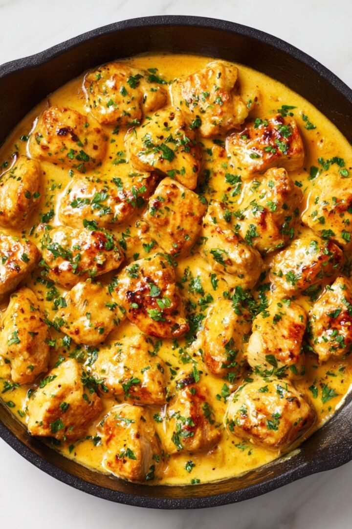 Texas Roadhouse butter chicken skillet with heavily seared dark chicken pieces in golden butter sauce, garnished with fresh parsley.