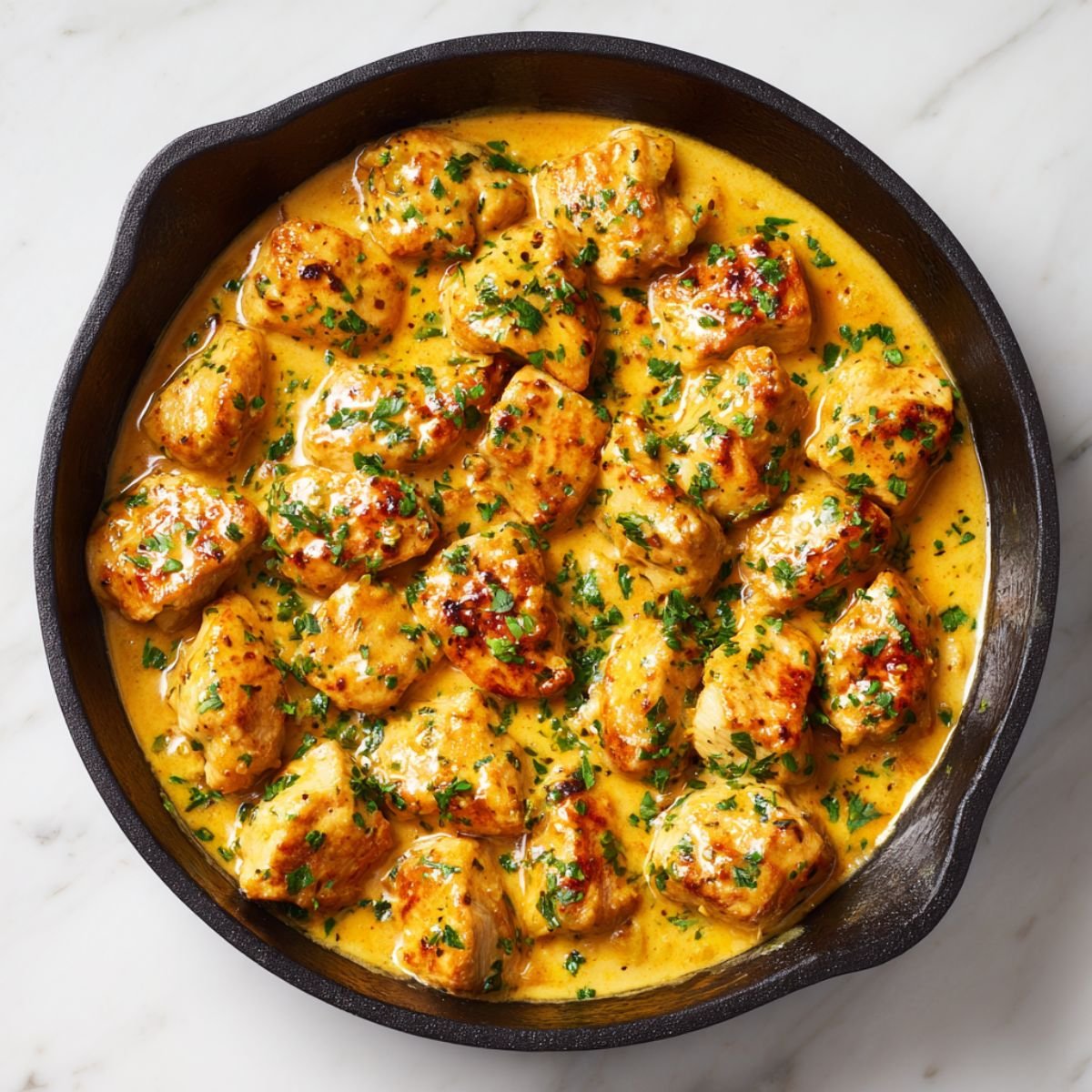 Texas Roadhouse butter chicken skillet with heavily seared dark chicken pieces in golden butter sauce, garnished with fresh parsley.
