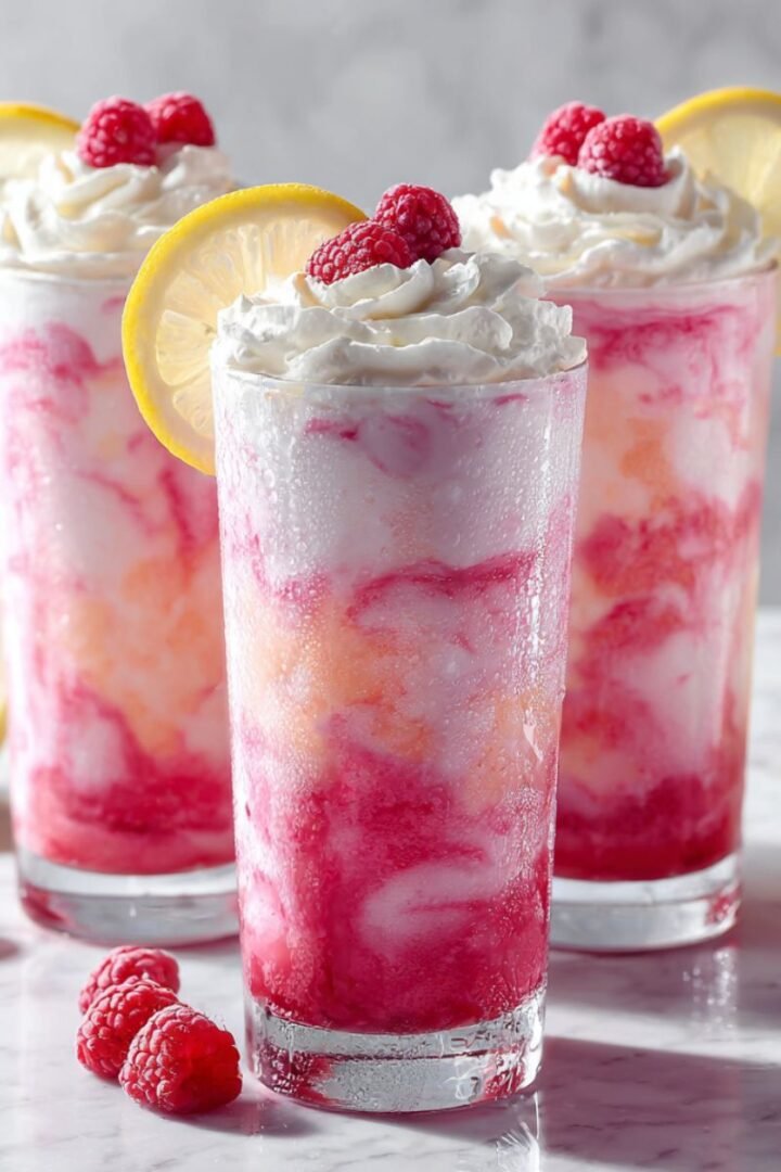 Whipped pink lemonade with beautiful pink and white layers in tall glasses. Creamy 10 minute drink recipe with fresh raspberries, whipped cream and lemon garnish.