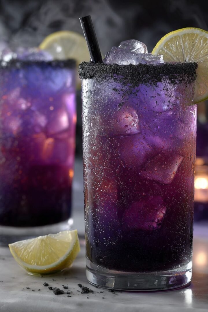 Witches brew lemonade with deep purple color and black sugar rim in tall glasses with lemon garnish. Easy 10 minute spooky Halloween drink recipe perfect for parties and trick-or-treaters.