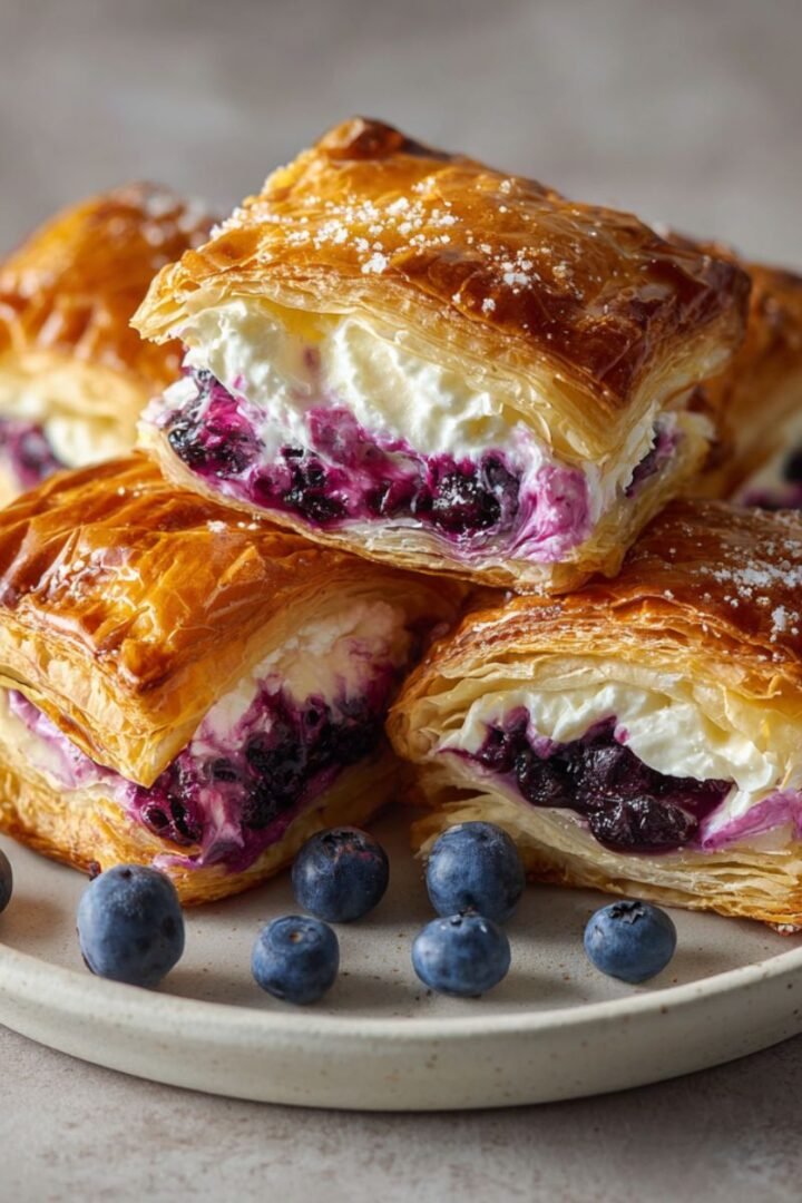 Golden blueberry cream cheese puff pastry with flaky layers and purple berry filling. Bakery-style pastries with cream cheese and fresh blueberries on white ceramic plate.