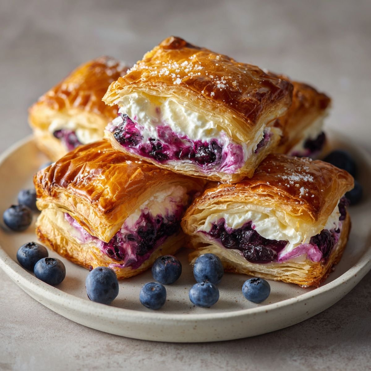Golden blueberry cream cheese puff pastry with flaky layers and purple berry filling. Bakery-style pastries with cream cheese and fresh blueberries on white ceramic plate.