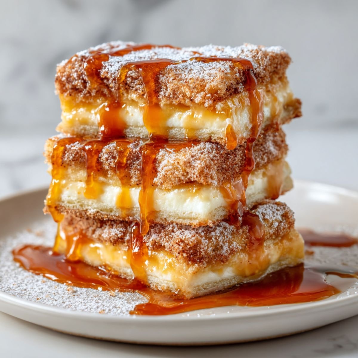 Three golden-brown churro cheesecake bars stacked on white plate showing flaky cinnamon-coated layers with creamy filling and amber caramel sauce drizzling down the sides