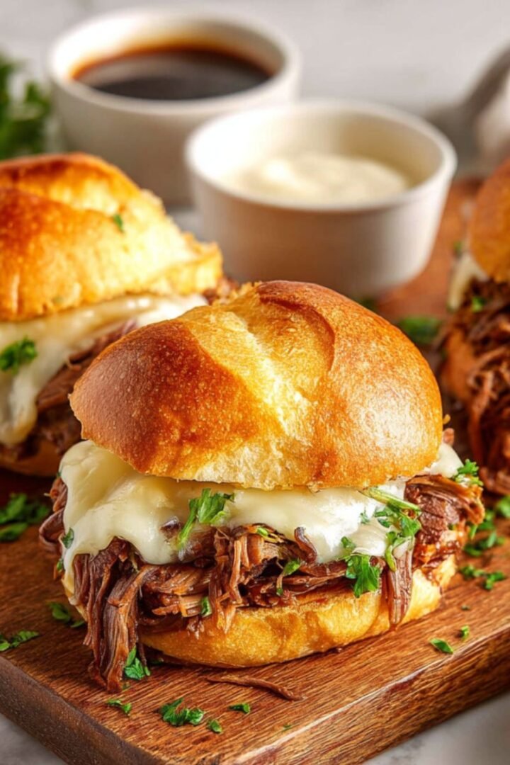 Crock pot french dip sandwiches with tender shredded beef and melted provolone cheese on toasted hoagie rolls. Slow cooker beef sandwiches with au jus dipping sauce on wooden board.