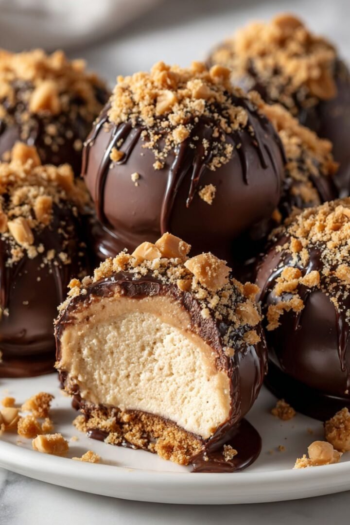No bake peanut butter cheesecake balls with dark chocolate coating and creamy filling, topped with graham cracker crumbs. Cut balls show smooth peanut butter cheesecake interior