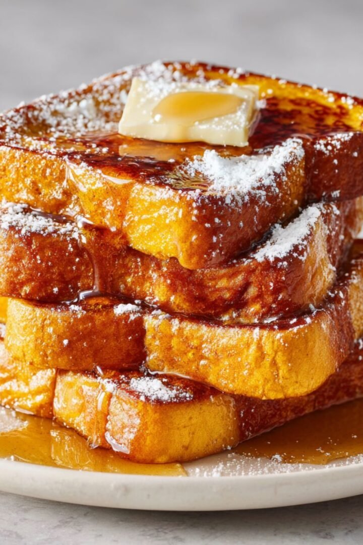 Golden pumpkin french toast with thick brioche slices, melting butter and maple syrup on white plate. Easy 25 minute fall breakfast recipe with spiced pumpkin custard and caramelized edges.