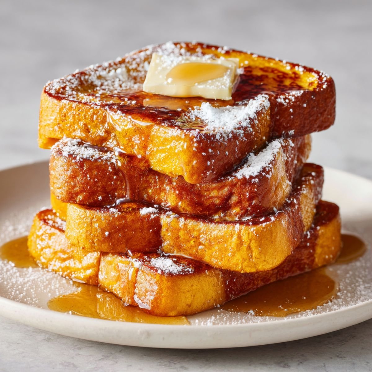 Golden pumpkin french toast with thick brioche slices, melting butter and maple syrup on white plate. Easy 25 minute fall breakfast recipe with spiced pumpkin custard and caramelized edges.