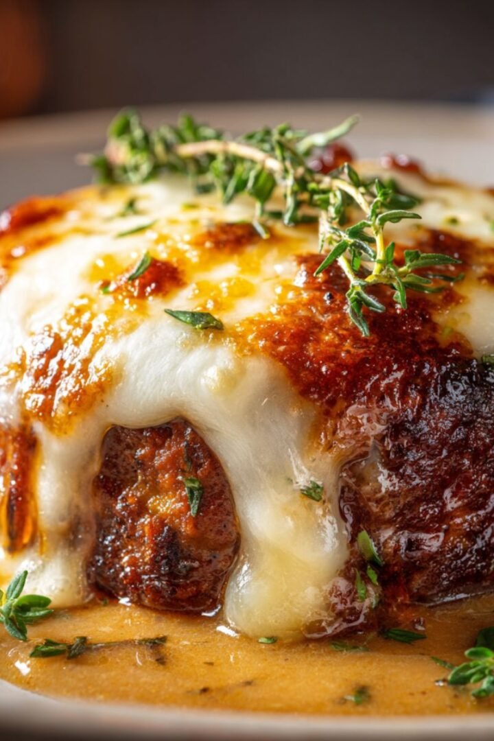 Amish hamburger steak bake with melted cheese and creamy gravy in cast iron skillet. Easy one pan comfort food dinner with tender beef patties, rich brown gravy and golden bubbly cheese topping.