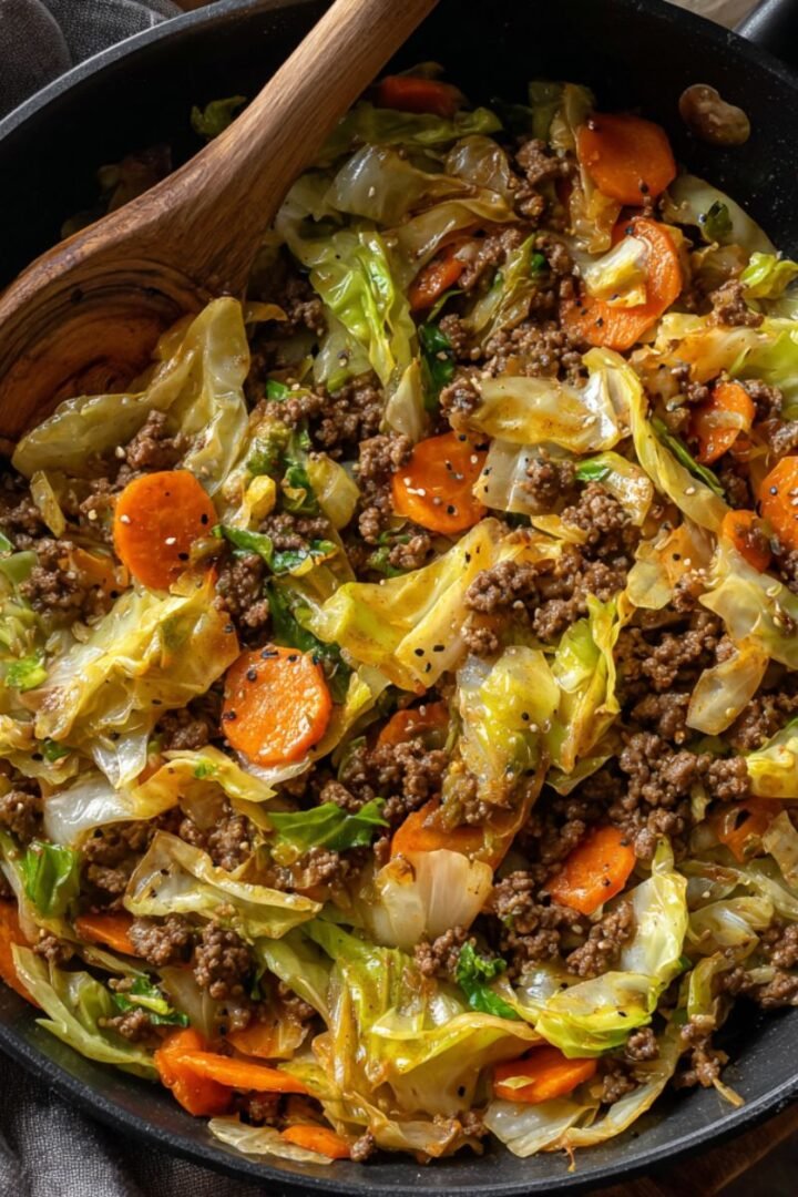 Beef cabbage recipe with ground beef, tender cabbage ribbons and carrots in savory sauce. Easy one pan dinner ready in 25 minutes for healthy weeknight meals.