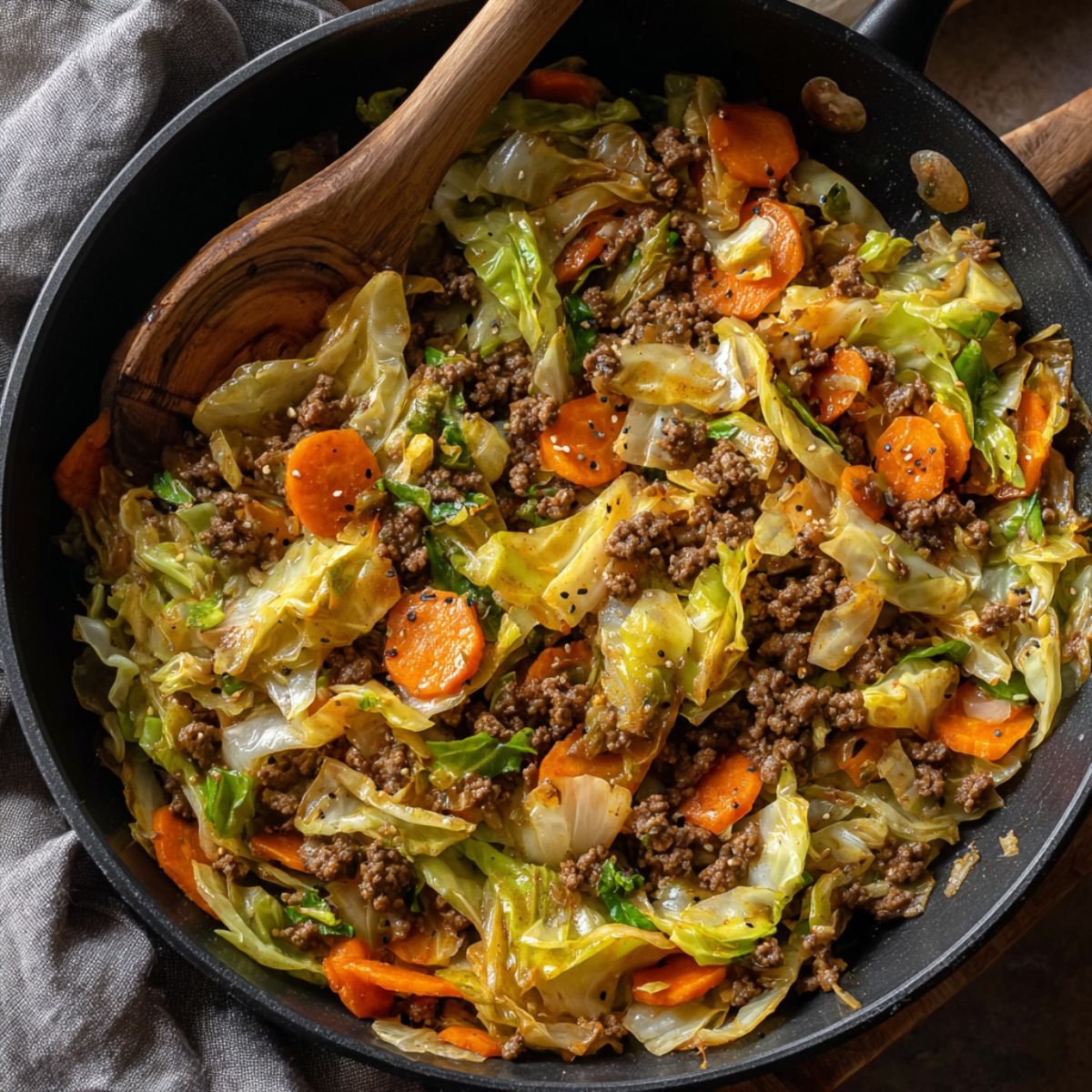 Beef cabbage recipe with ground beef, tender cabbage ribbons and carrots in savory sauce. Easy one pan dinner ready in 25 minutes for healthy weeknight meals.