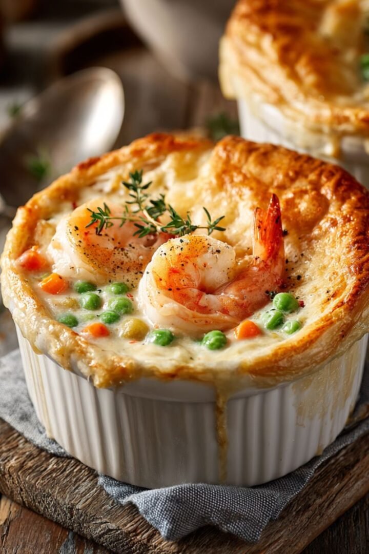 Cheddar bay biscuit seafood pot pie with golden garlic biscuits topping creamy shrimp and vegetables in white ramekin. Comfort food dinner ready in 45 minutes.