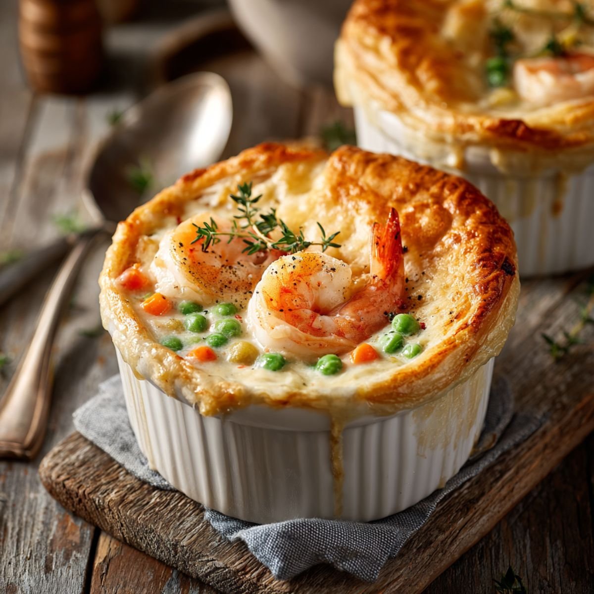 Cheddar bay biscuit seafood pot pie with golden garlic biscuits topping creamy shrimp and vegetables in white ramekin. Comfort food dinner ready in 45 minutes.