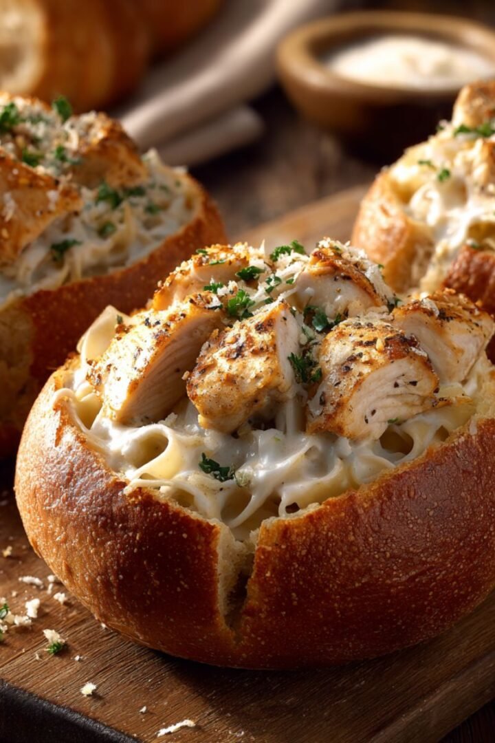Chicken alfredo garlic bread bowls with creamy pasta and chicken in toasted garlic bread. Viral TikTok recipe ready in 40 minutes for interactive dinners.