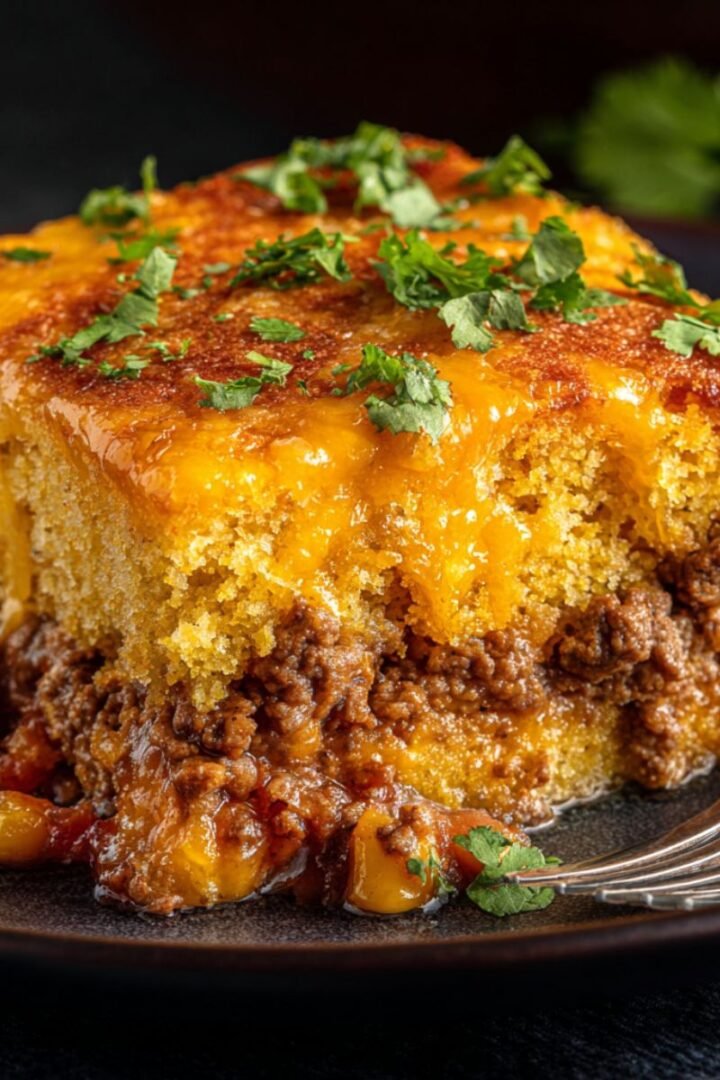 Cowboy cornbread casserole slice showing layers of golden cornbread over seasoned beef, beans and corn. Easy one pan comfort dinner ready in 50 minutes for family meals.