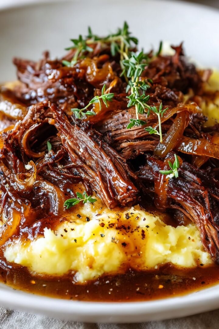 French onion pot roast showing tender shredded beef in rich caramelized onion gravy over creamy mashed potatoes. Classic Sunday dinner comfort food.