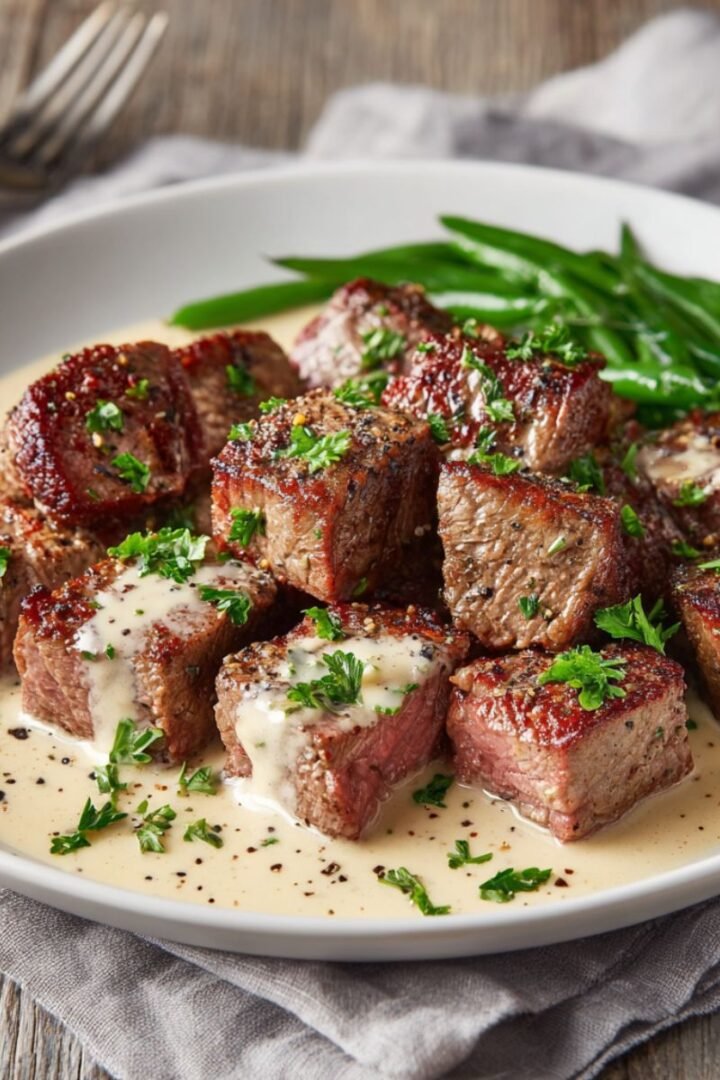 Garlic butter steak bites with parmesan cream sauce showing seared sirloin in rich garlic cream with green beans. Restaurant quality dinner ready in 25 minutes.