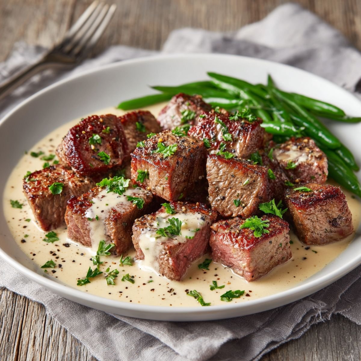Garlic butter steak bites with parmesan cream sauce showing seared sirloin in rich garlic cream with green beans. Restaurant quality dinner ready in 25 minutes.