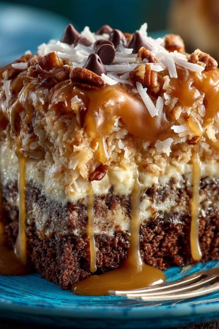 German chocolate poke cake slice showing moist chocolate layers with caramel filling and coconut pecan topping. Easy poke cake recipe ready in 50 minutes for special occasions.