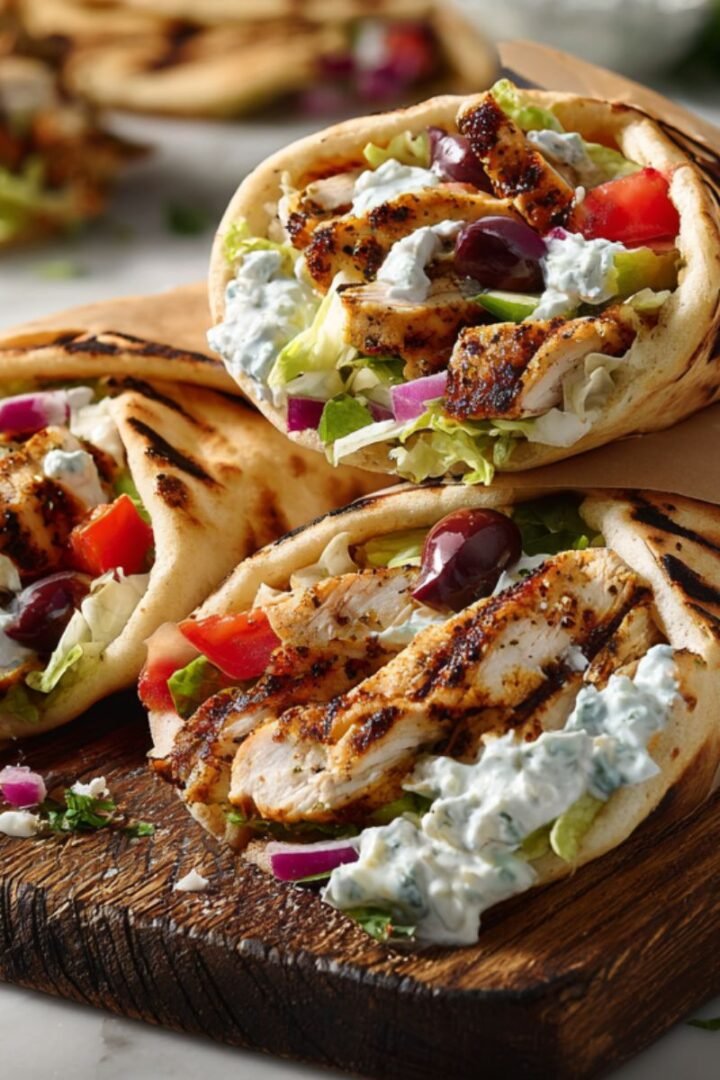 Greek chicken gyros with grilled chicken, fresh vegetables and creamy tzatziki sauce in warm pita bread. Mediterranean wraps with lettuce, tomatoes, onions and yogurt sauce on wooden board.