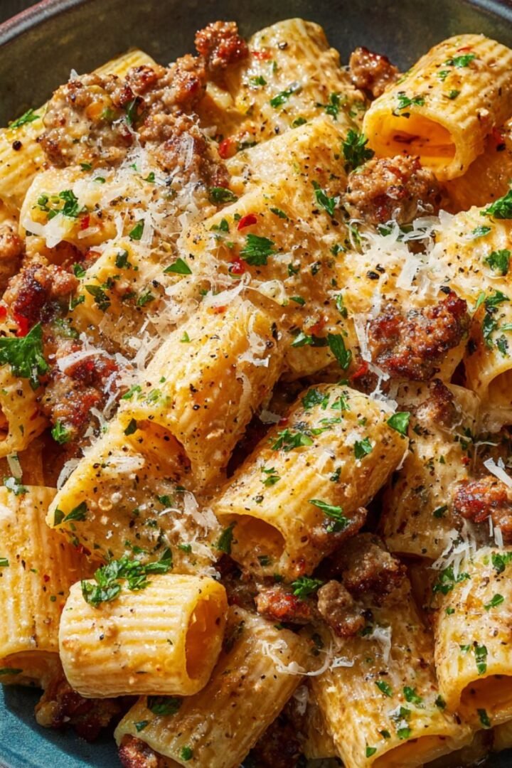 Italian sausage rigatoni with creamy sauce, parmesan and fresh parsley. Easy one pot pasta dinner ready in 35 minutes for weeknight meals.