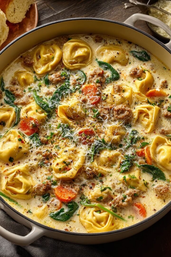 Italian sausage tortellini soup with cheese tortellini, spinach and cream. Comforting one pot soup ready in 35 minutes for cozy family dinners.