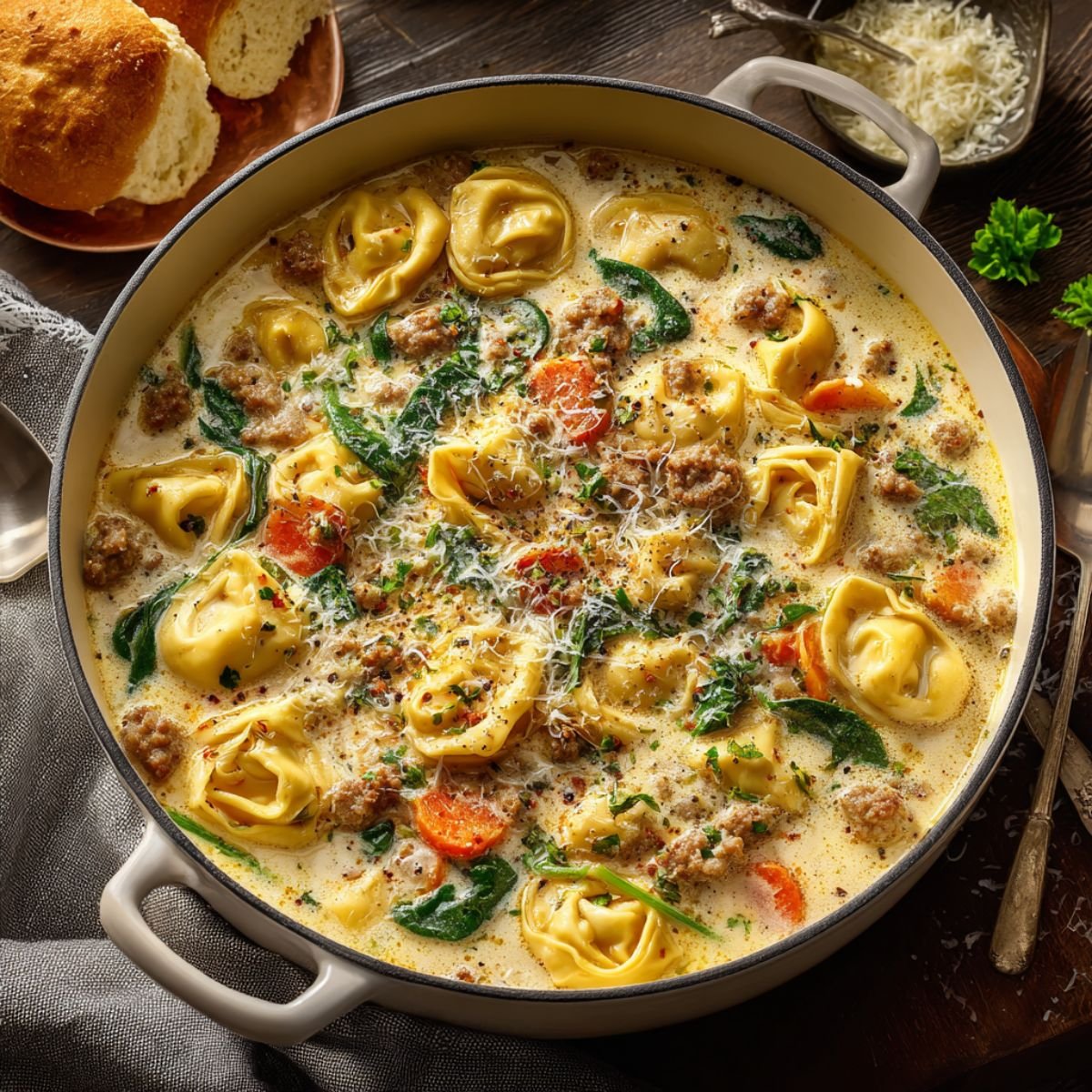 Italian sausage tortellini soup with cheese tortellini, spinach and cream. Comforting one pot soup ready in 35 minutes for cozy family dinners.