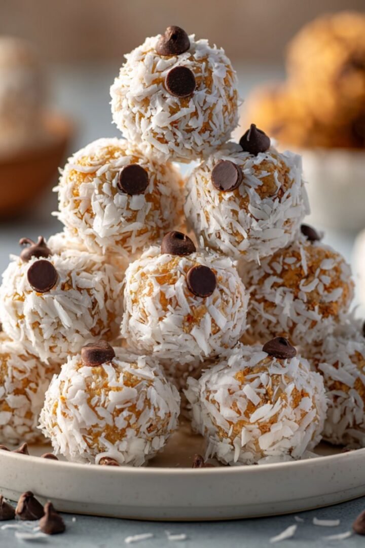 No bake moose farts with coconut coating and chocolate chips stacked on plate. Easy 15 minute no oven dessert bites perfect for parties and holiday treats.