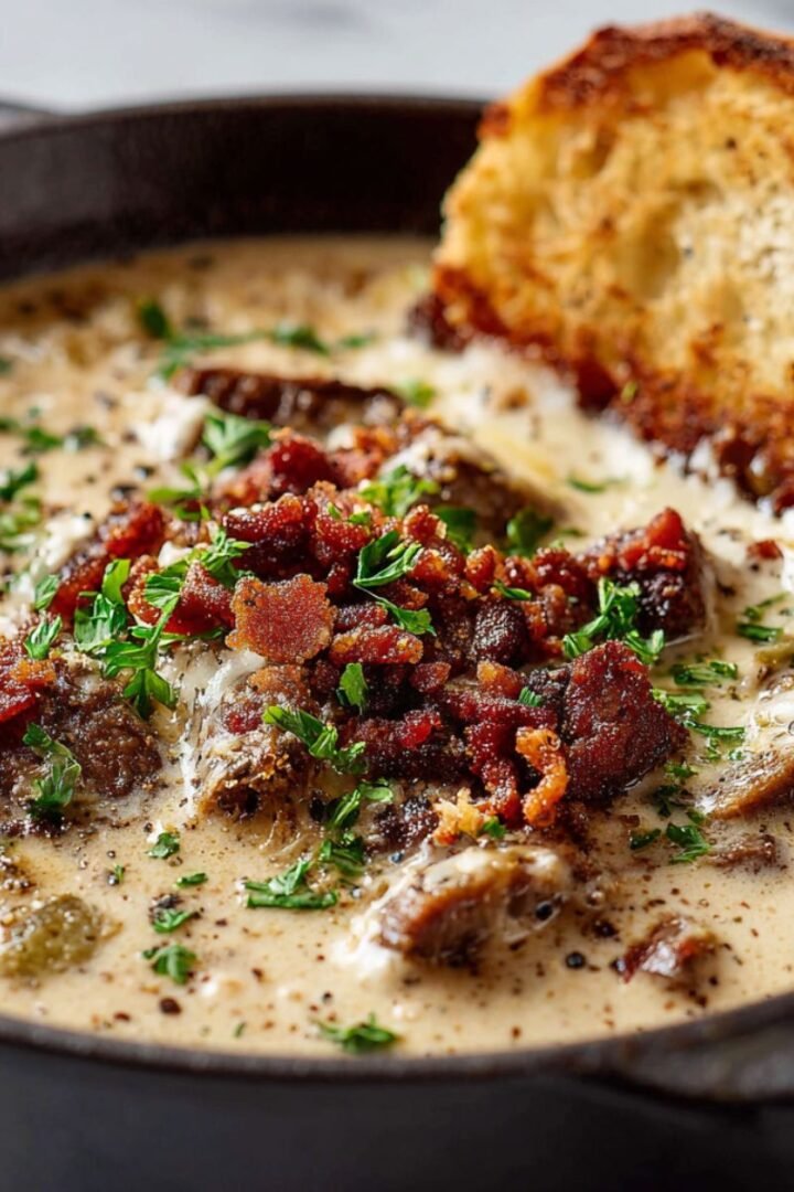 Philly cheese steak soup with tender beef, peppers, onions in creamy cheese broth, topped with bacon and parsley. Comfort soup with toasted bread in cast iron pot.
