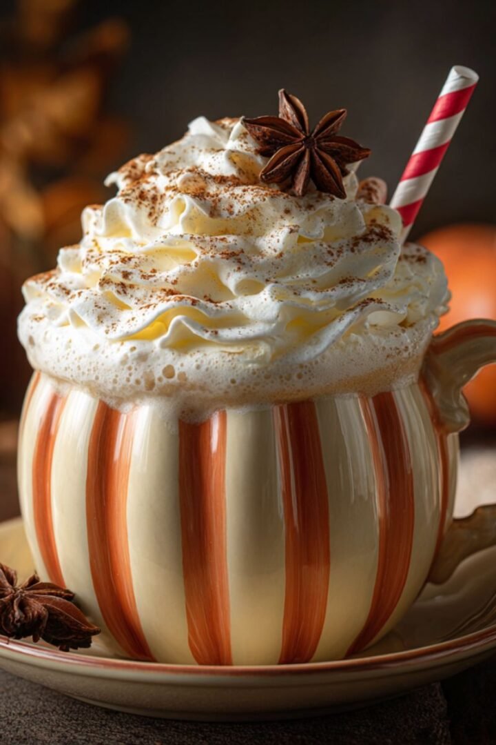 Pumpkin white hot chocolate with creamy white chocolate and pumpkin spice, topped with whipped cream and cinnamon. Cozy fall beverage in striped mug with star anise garnish.