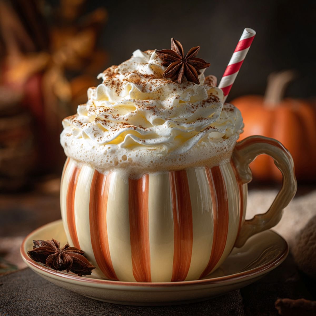 Pumpkin white hot chocolate with creamy white chocolate and pumpkin spice, topped with whipped cream and cinnamon. Cozy fall beverage in striped mug with star anise garnish.