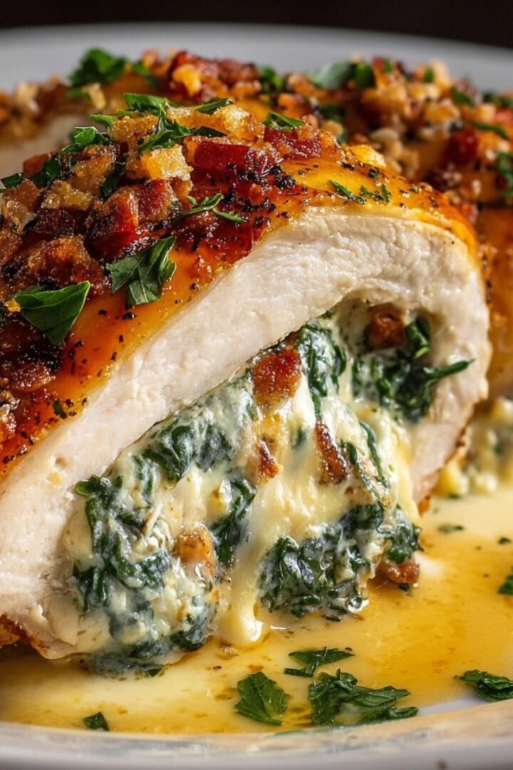 Ruth's Chris stuffed chicken recipe showing sliced breast with creamy garlic herb filling. Copycat steakhouse dinner ready in 50 minutes at home.