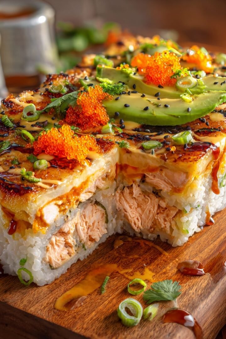 Salmon sushi bake recipe slice showing layers of sushi rice, creamy salmon and spicy mayo topping. Easy viral TikTok sushi casserole ready in 40 minutes for dinner.