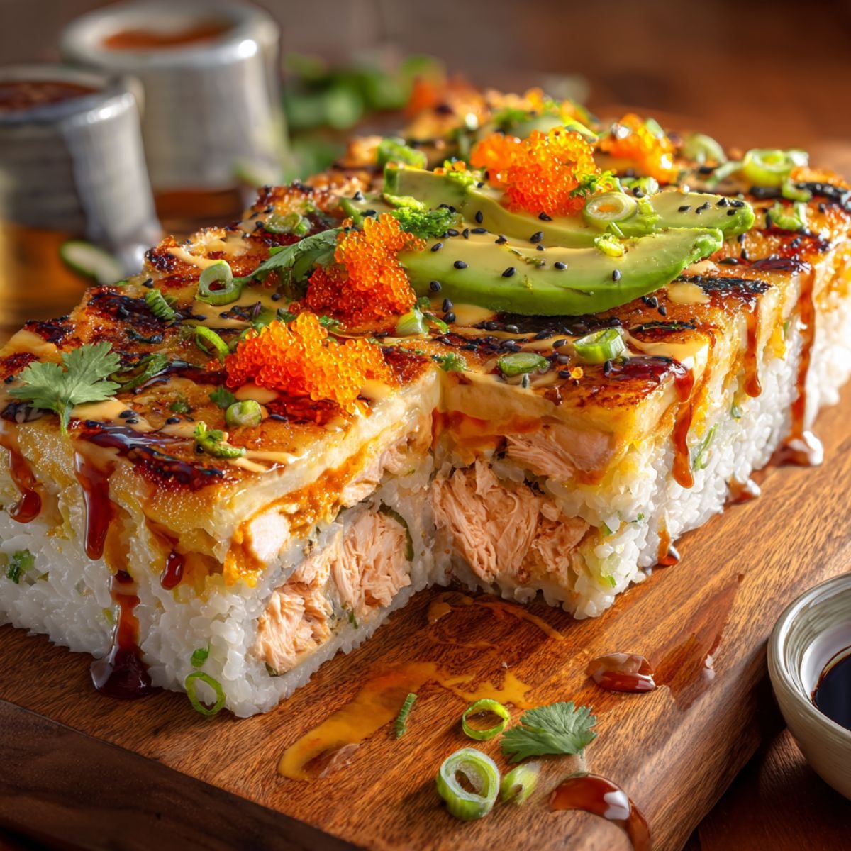 Salmon sushi bake recipe slice showing layers of sushi rice, creamy salmon and spicy mayo topping. Easy viral TikTok sushi casserole ready in 40 minutes for dinner.