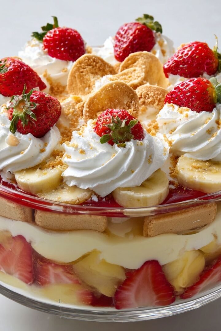 Strawberry banana pudding in clear trifle bowl showing beautiful layers of vanilla wafers, cream, fresh fruit and whipped cream. No bake summer dessert.