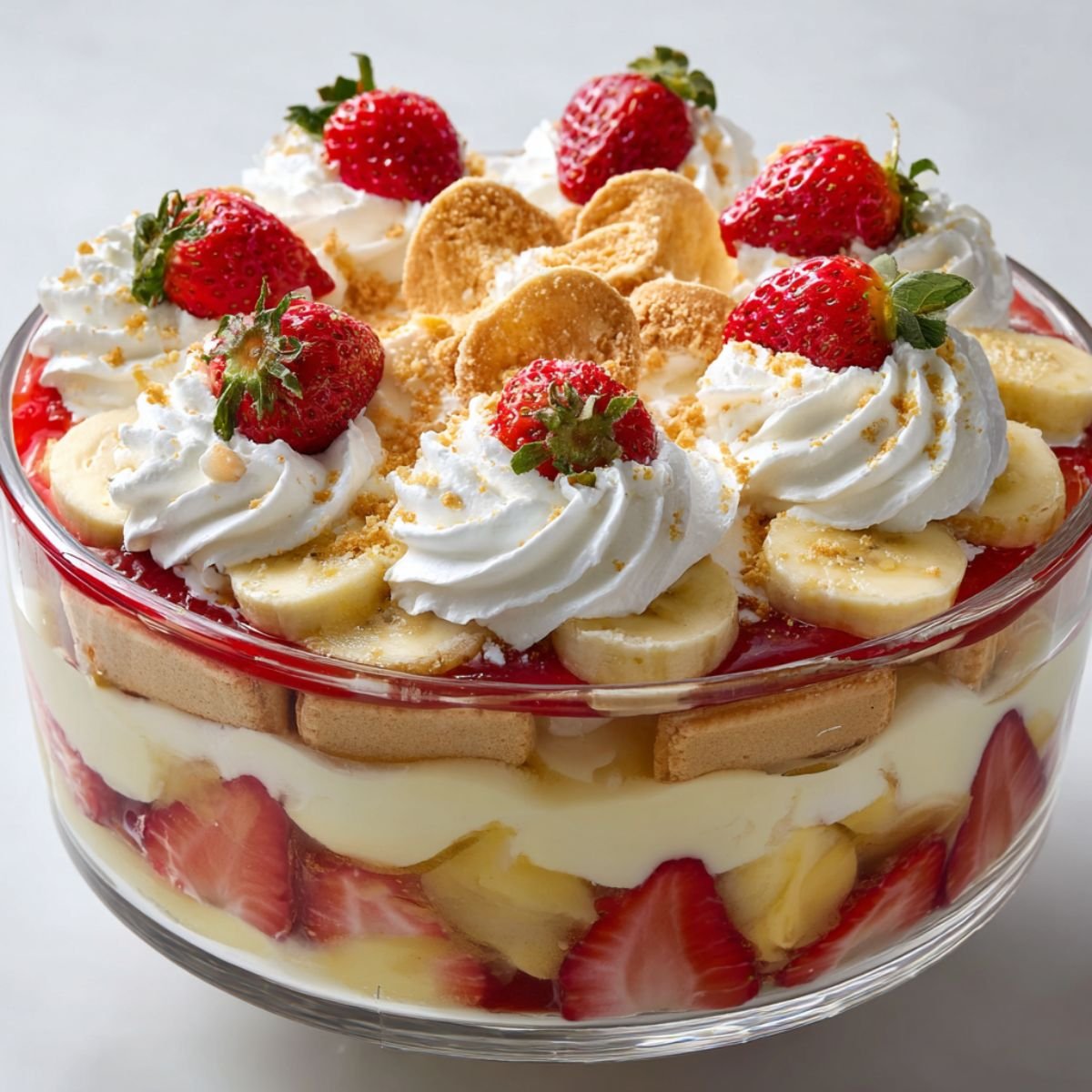 Strawberry banana pudding in clear trifle bowl showing beautiful layers of vanilla wafers, cream, fresh fruit and whipped cream. No bake summer dessert.