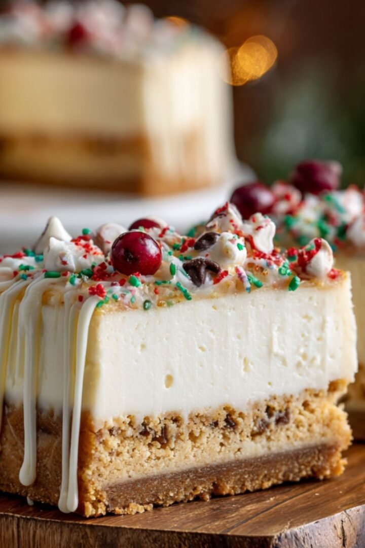 Sugar cookie cheesecake with sugar cookie crust, cream cheese filling and festive sprinkles. Impressive Christmas dessert ready in 60 minutes for holiday celebrations.